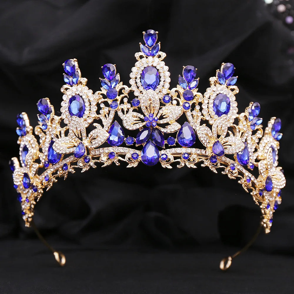 Baroque Gold Color Blue Diadem Rhinestone Crystal Tiaras Bride Headdress Princess Wedding Crown Pageant Hair Jewelry Accessories - EUFASHIONBAGS