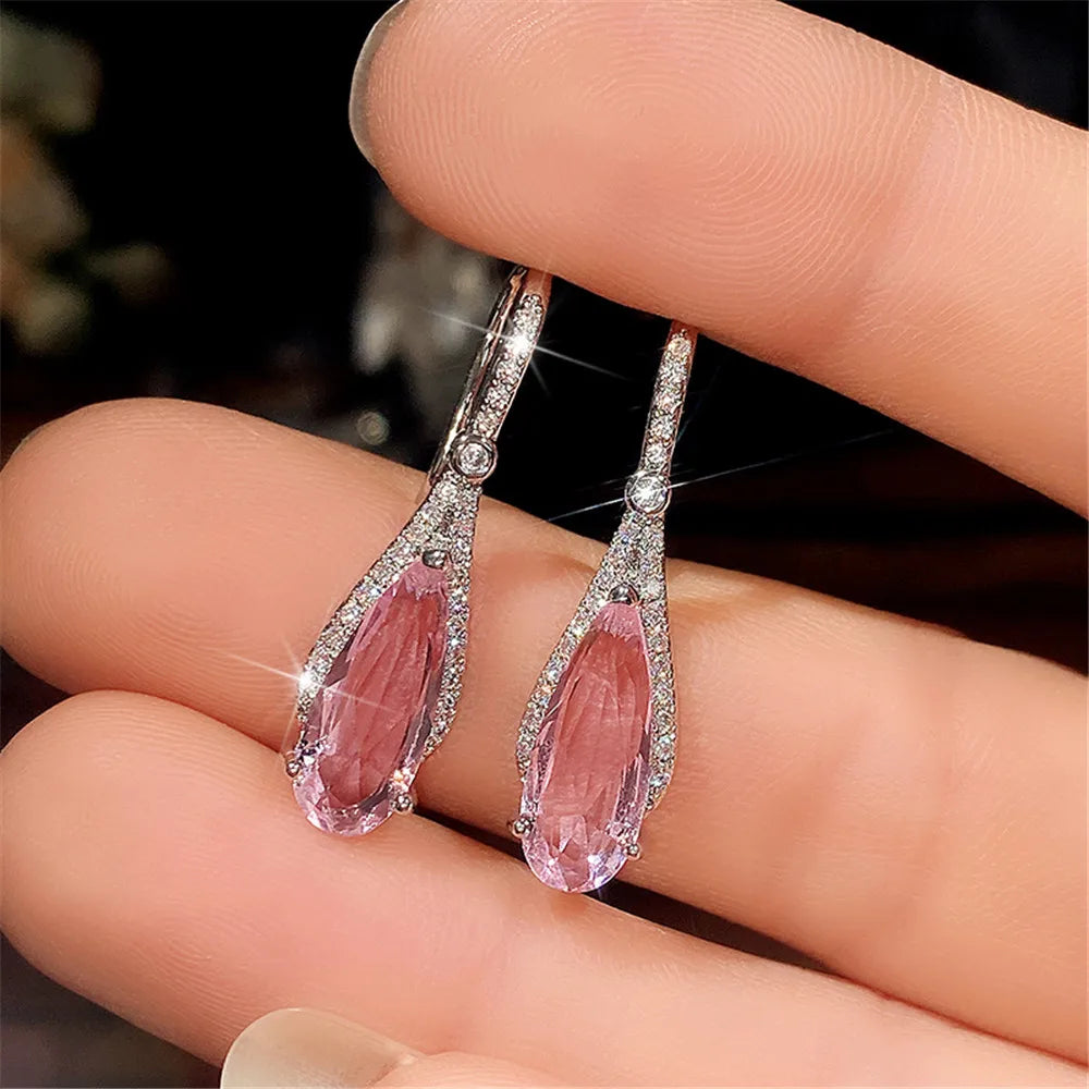 Water Drop Pink Cubic Zirconia Drop Earrings for Women Sparkling Engagement Ear Accessories Temperament Sweet New Jewelry - EUFASHIONBAGS