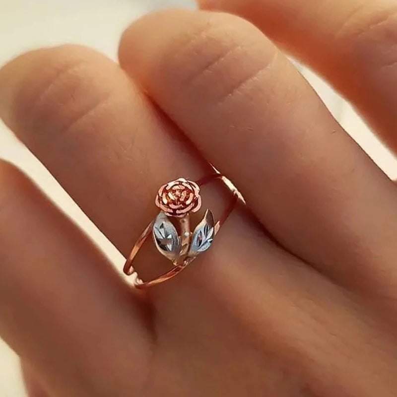 Aesthetic Rose Rings Rose Gold Color Flower Silver Color Leaf Delicate Women Finger Ring Wedding Party Fashion Jewelry