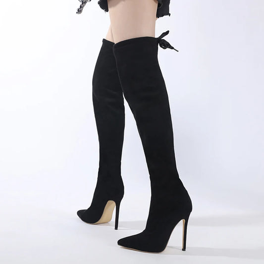 Fashion Lace Up Thigh High Boots Women Sexy Pointed Toe Slim Leg Over The Knee Shoes Autumn Winter Stiletto Heels Black