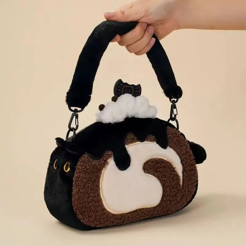 Plush Circular Black Cat Hand Bag Women New Retro Creative Cute Handheld Y2k Messenger Bag Casual Crossbody Bags - EUFASHIONBAGS