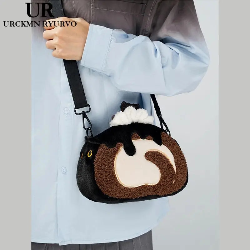 Plush Circular Black Cat Hand Bag Women New Retro Creative Cute Handheld Y2k Messenger Bag Casual Crossbody Bags