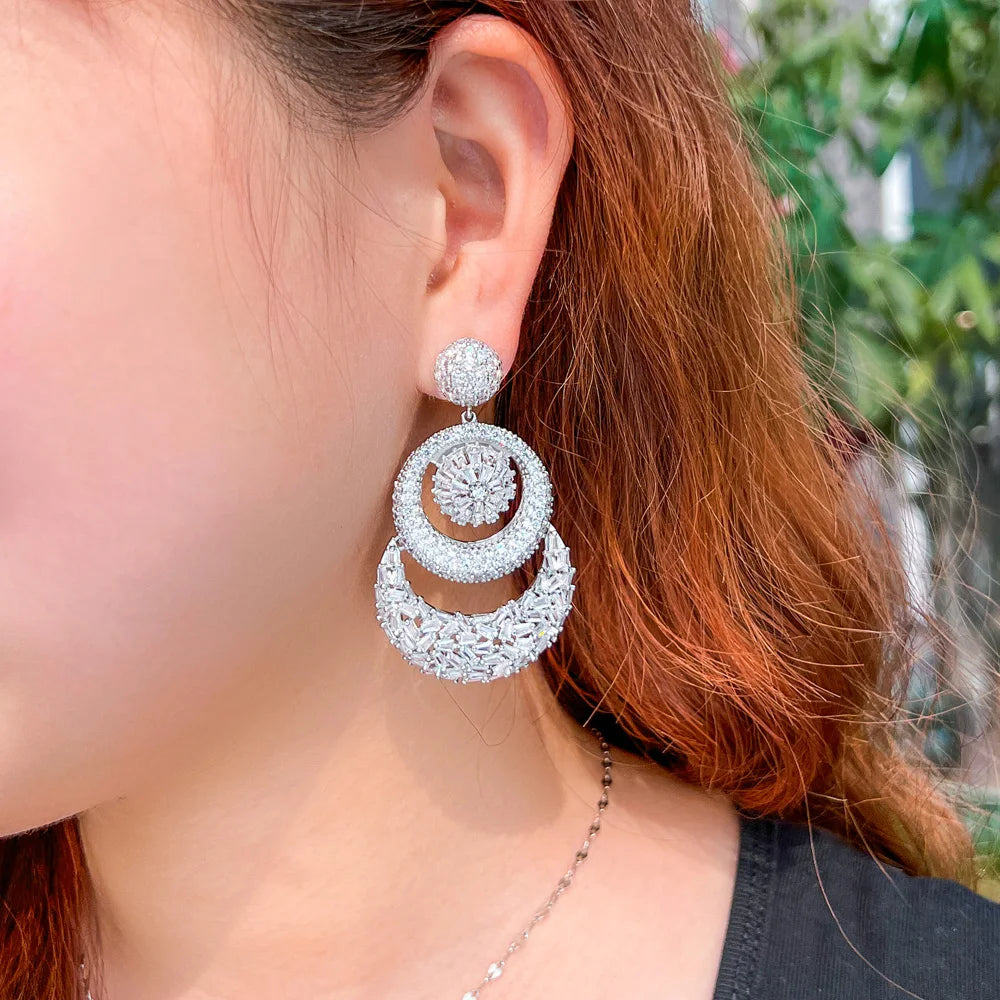 Super Sparkling White Chunky Cubic Zirconia Luxury Statement Big Multiple Round Dangle Women Wedding Earrings - EUFASHIONBAGS