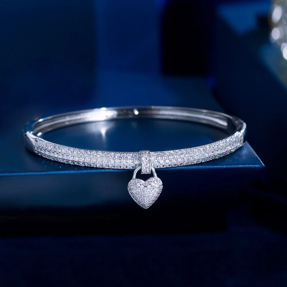 Chic White Cubic Zirconia Paved Dangle Love Heart Shape Charm Wedding Bridal Party Round Open Bangle for Women - EUFASHIONBAGS