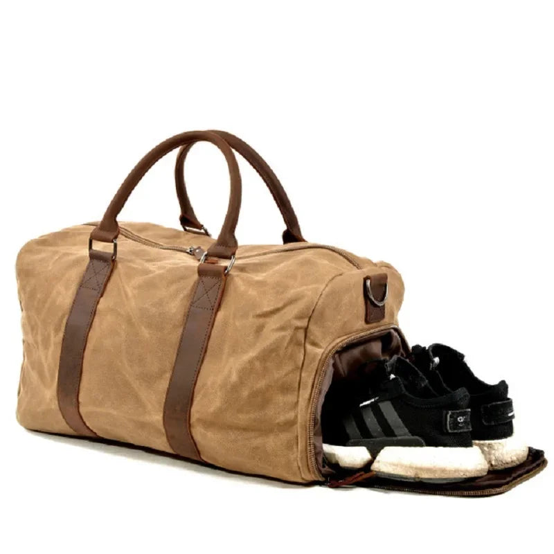 Vintage Waxed Canvas Men Travel Duffel Sports Gym Bag Oiled Leather Military Weekend Bag Basic Training Tote Overnight Bags - EUFASHIONBAGS