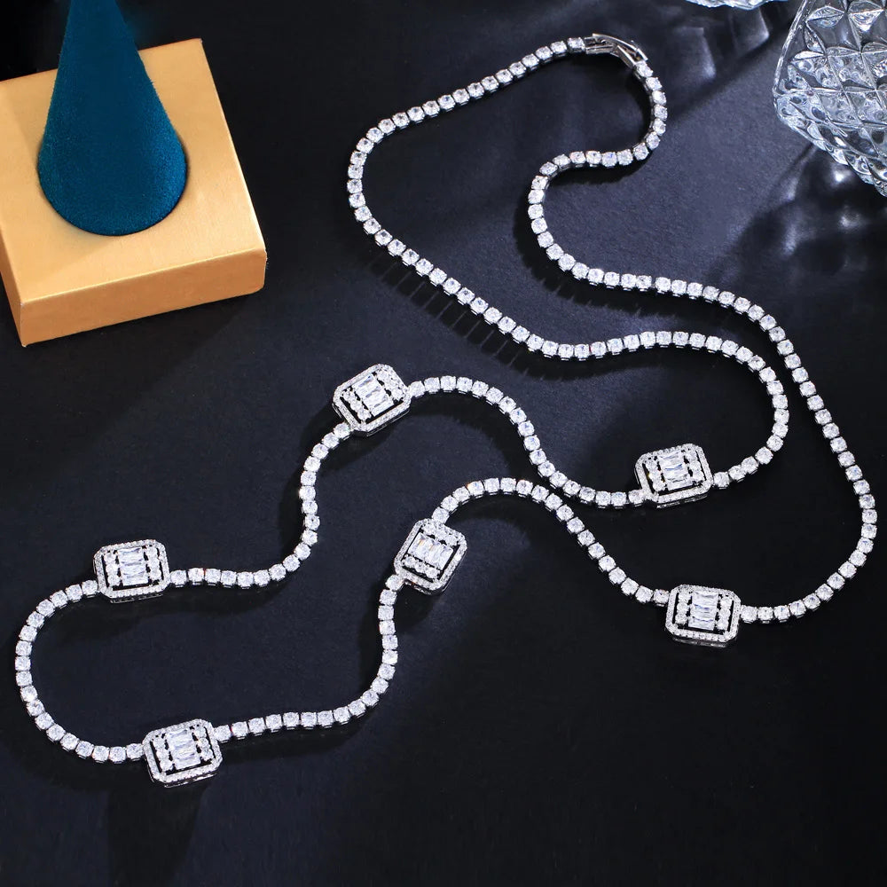 Bling Baguette CZ Cubic Zircon Pave Silver Color Women Long Sweater Chain Necklace Dubai Bridal Prom Jewelry - EUFASHIONBAGS