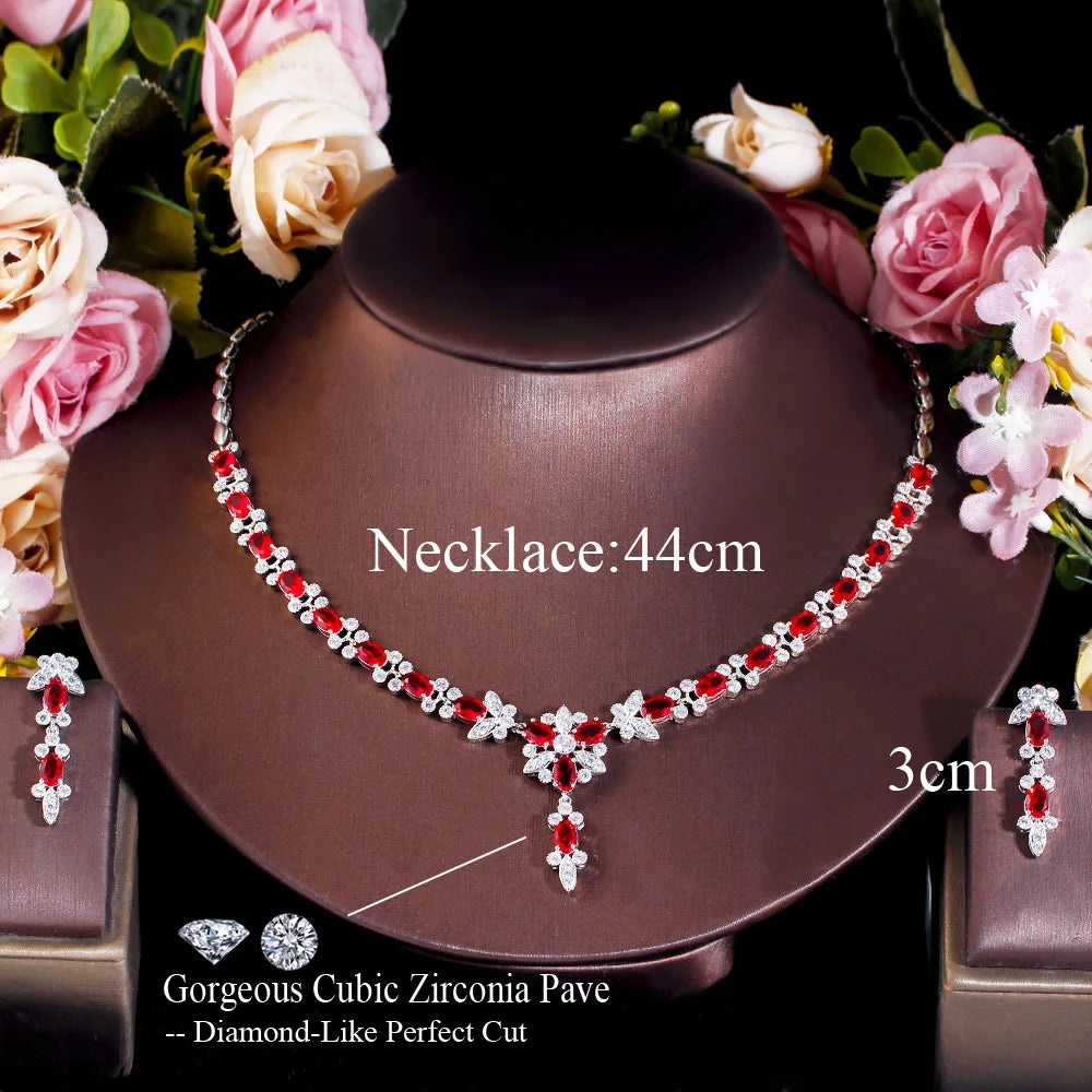 New Style Chic Red CZ Crystal Elegant Women Party Flower Necklace and Earrings Sets for Brides Wedding Jewelry - EUFASHIONBAGS