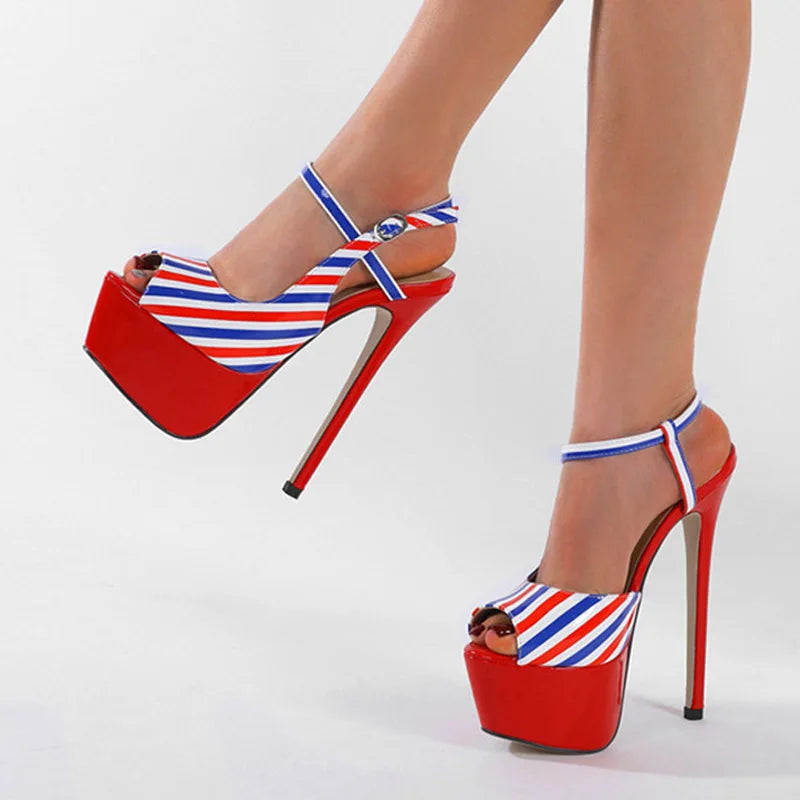 Summer Fashion Striped Ankle Strap Women Sexy 16CM Fetish Sandal Platform High Heels Wedding Banquet Shoes Stilettos Mujer - EUFASHIONBAGS