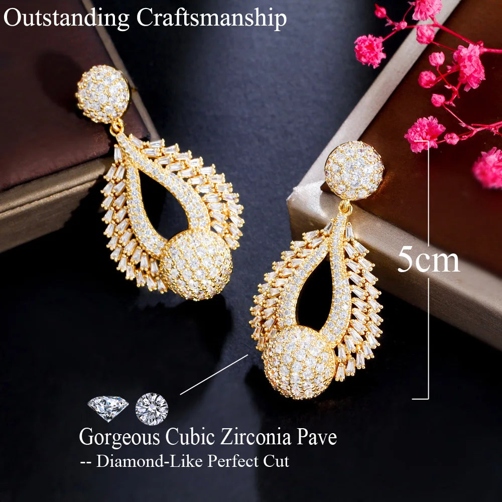 Bling Round Cubic Zirconia Dangle Drop Long Wedding Earrings for Brides Dubai White Gold Plated CZ Jewelry