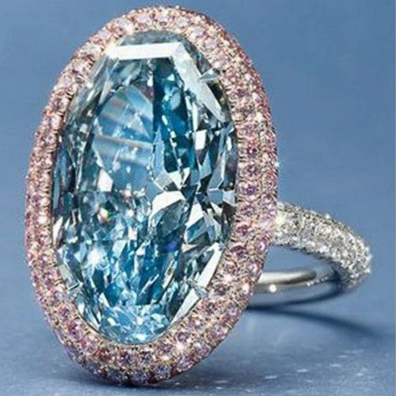 Big Oval Blue Cubic Zirconia Rings for Women Wedding Anniversary Party Female Rings Paved Pink CZ Trendy Jewelry - EUFASHIONBAGS