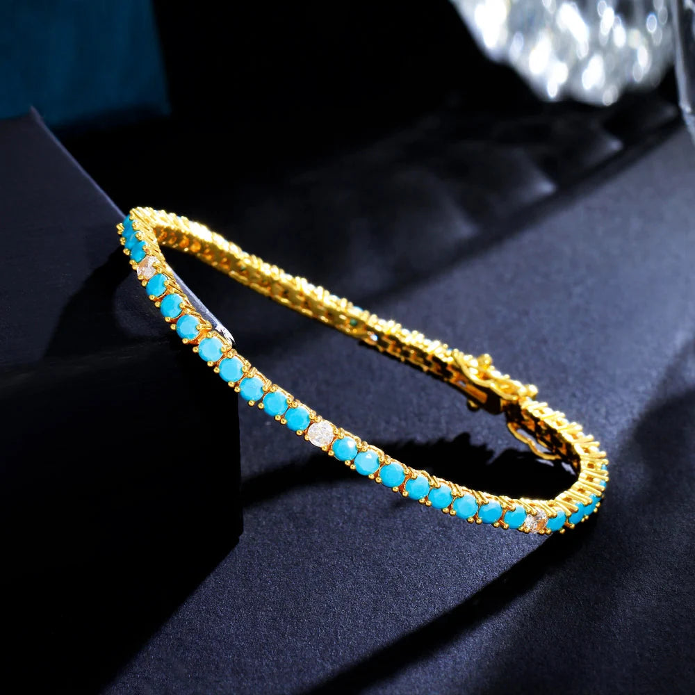 New Fashion 3mm Round Blue Turquoises Stone Classic Tennis Chain Bracelets for Women Girl Gold Plated Jewelry - EUFASHIONBAGS