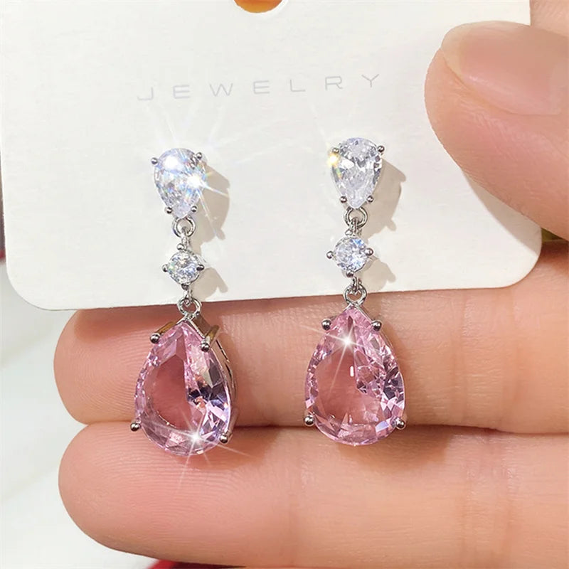 Temperament Sweet Pink Pear Cubic Zirconia Drop Earrings Women Engagement Party Exquisite Ear Accessories Fashion Jewelry