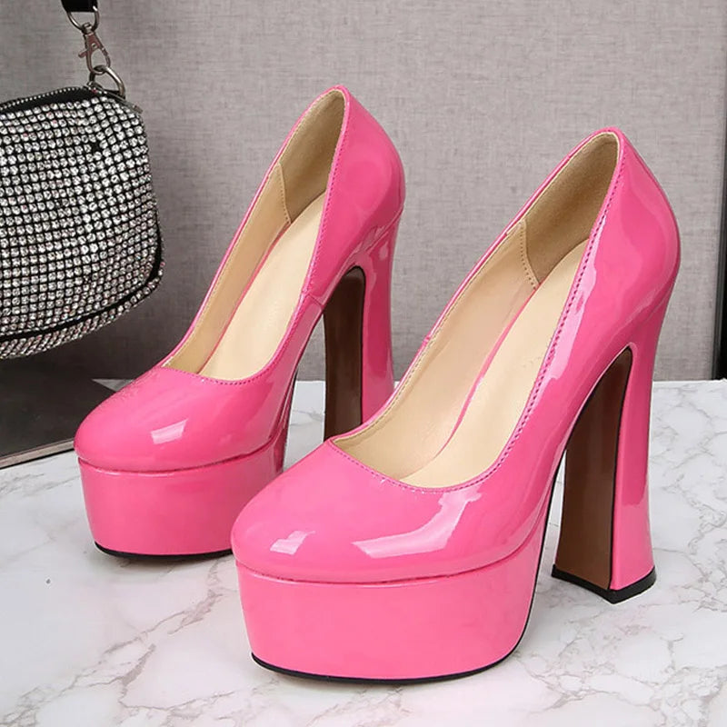 Sexy Pink Patent Leather Chunky Platform High Heels Wedding Banquet Shoes Spring Autumn Round Toe Slingback Women Pumps - EUFASHIONBAGS