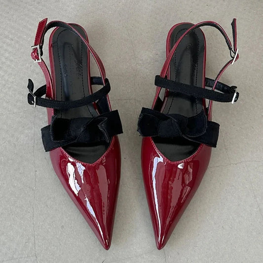 Butterfly-knot Pointed Toe Mary Jane Shoes Women Patent Leather Fashion Low Heeled Dress Shoes Female Pumps Sandalias De Mujer