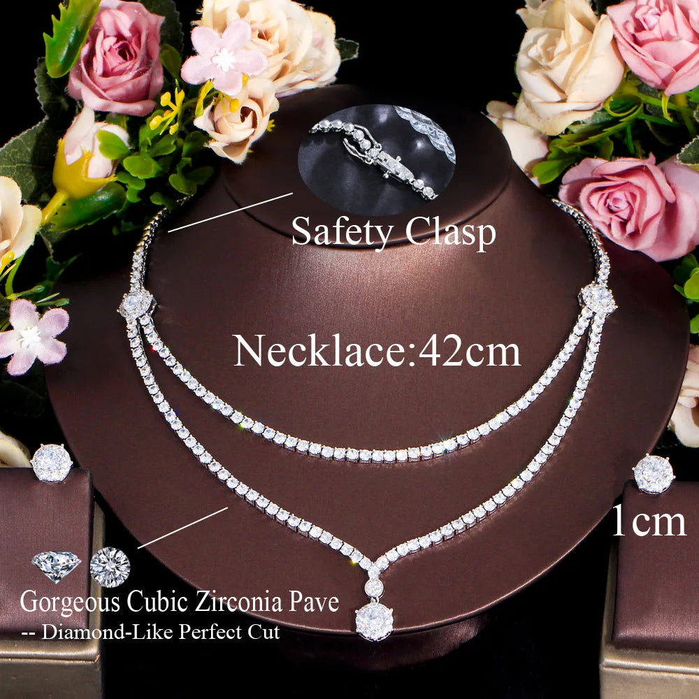 Chic Dangle Drop Round CZ 2 Layers Multiple Necklace Women Wedding Banquet Jewelry Sets Bridal Costume Accessory