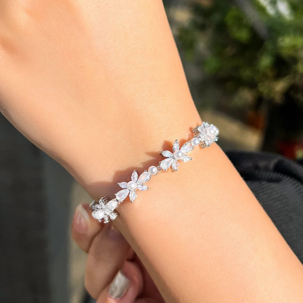 Shiny White Cubic Zirconia Pave Flower Leaf Shape Pearl Bracelets for Women Wedding Bridal Jewelry Accessories - EUFASHIONBAGS