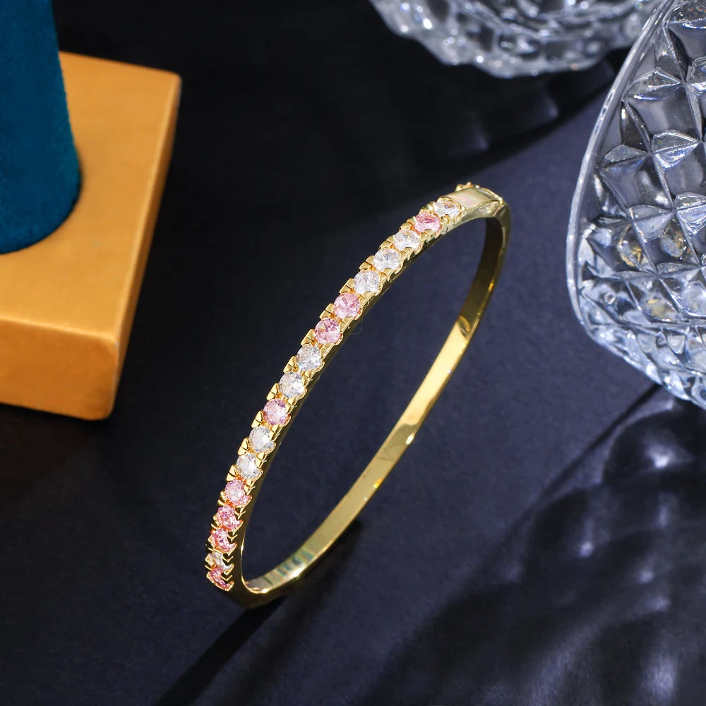 Classic Bling Round Cubic Zirconia Pave Gold Plated Green Tennis Bangle for Women Trendy Jewelry Accessories - EUFASHIONBAGS