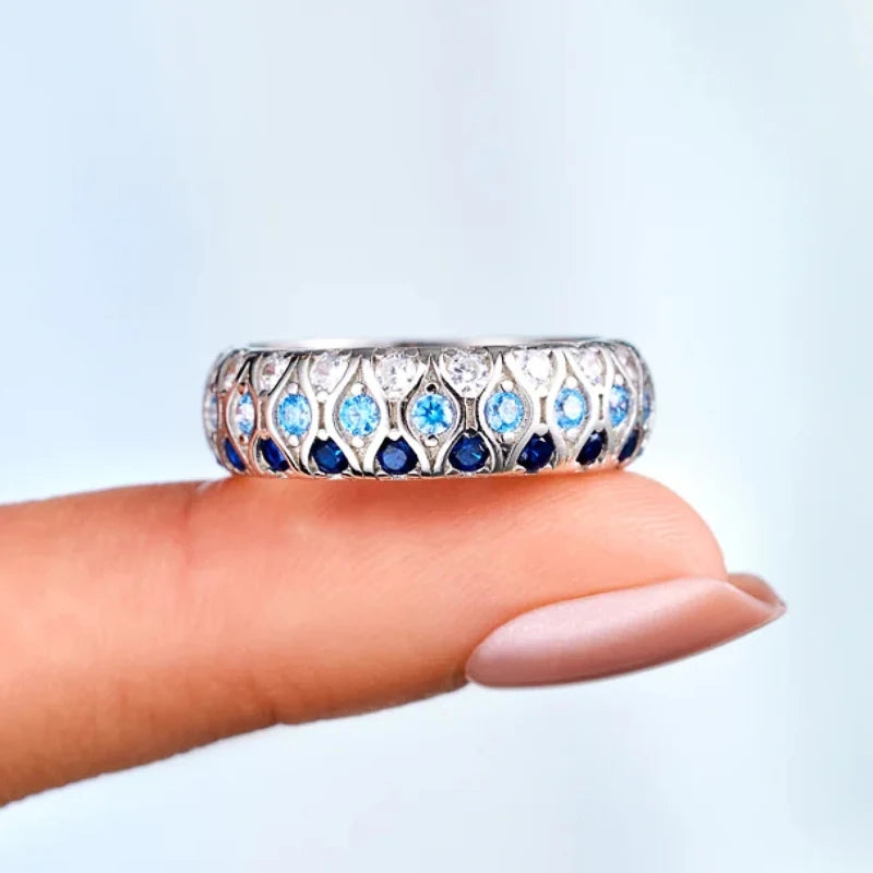 Stylish Bright Blue Zirconia Finger Ring Women Wedding Jewelry Fashion Lady Chic Silver Color Accessories for Daily Life