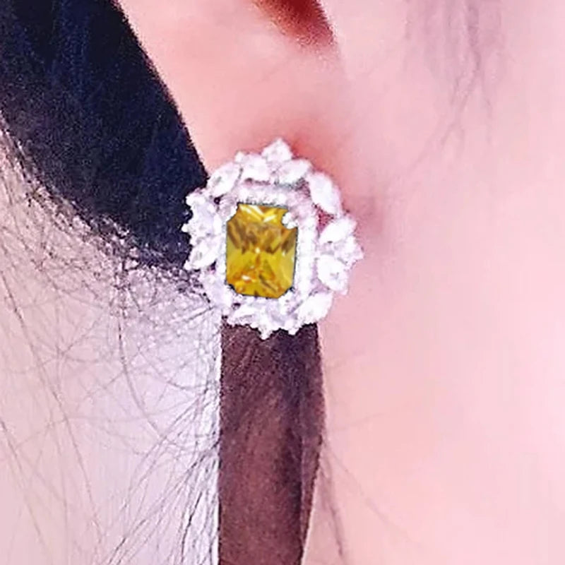 Luxury Green/Pink/Yellow/Red CZ Stud Earrings Women for Engagement Wedding Party Silver Color Fashion Design Jewelry Gift - EUFASHIONBAGS