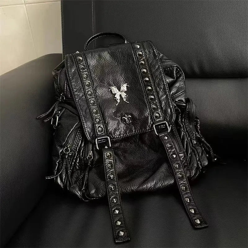 Vintage Cross Y2k Backpack Women Retro Gothic Pu Leather Casual Black Backpacks Large Capacity Mochila - EUFASHIONBAGS