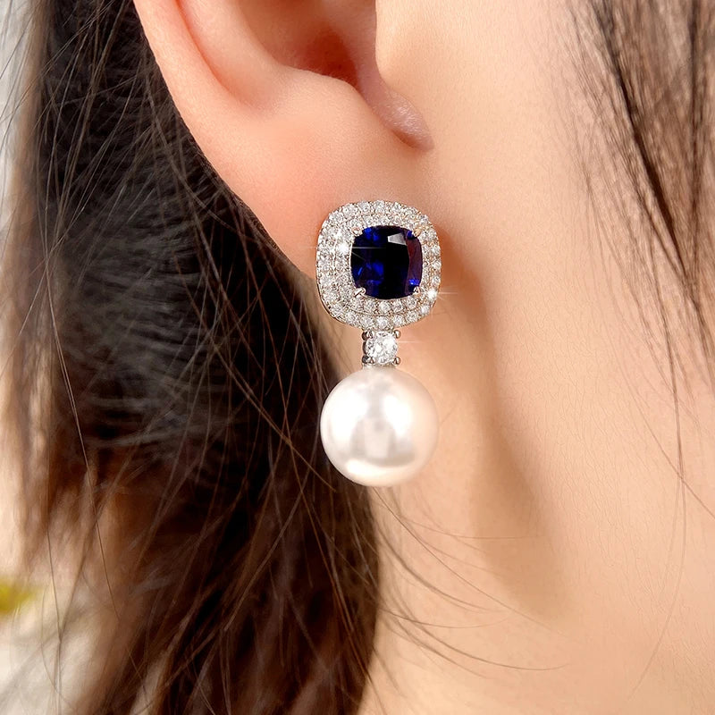 Aesthetic Women's Simulated Pearl with Blue/White Cubic Zirconia Luxury Trendy Female Ear Accessories Wedding Jewelry New - EUFASHIONBAGS