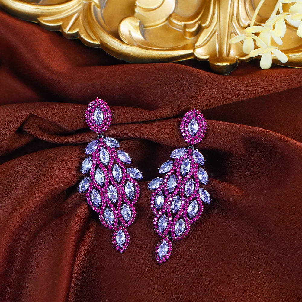 Glamorous Fuchsia Red Chunky Cubic Zirconia Paved Leaf Shape Dangle Drop Luxury Wedding Bridal Party Earrings - EUFASHIONBAGS