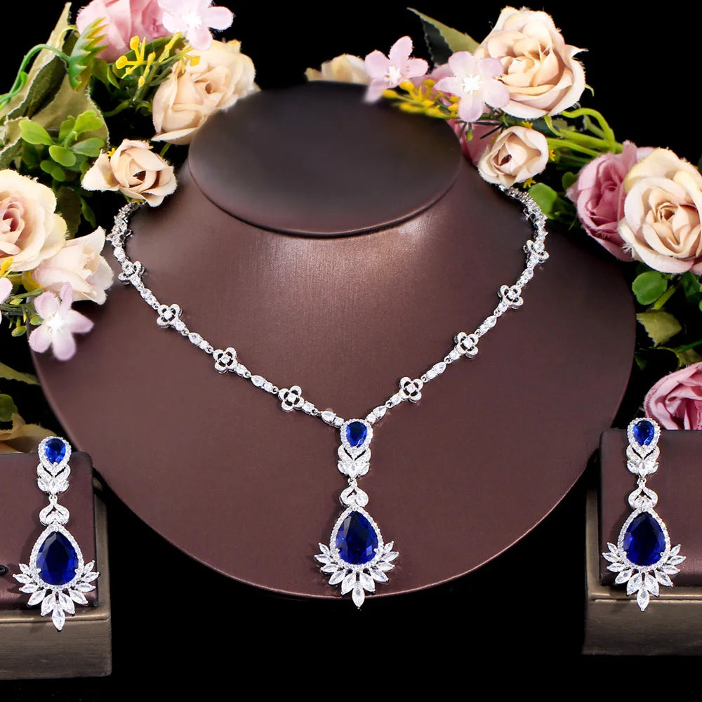 Royal Blue CZ Long Dangle Wedding Earrings Necklace Bridal Evening Party Dress Jewelry Sets for Women - EUFASHIONBAGS