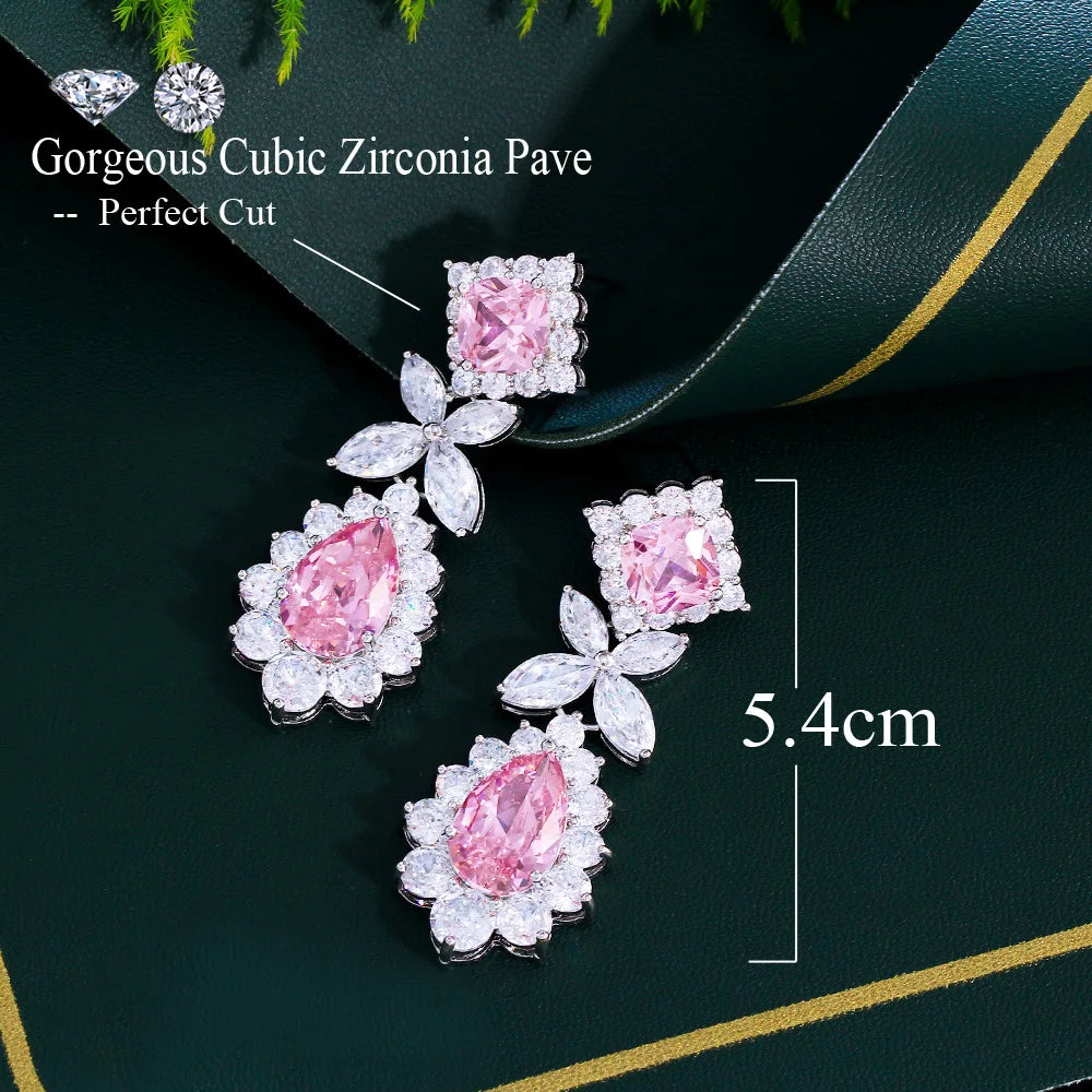 Super Shiny Pink Water Drop Cubic Zirconia Long Dangling Leaf Earrings for Women Wedding Banquet Party Wear - EUFASHIONBAGS