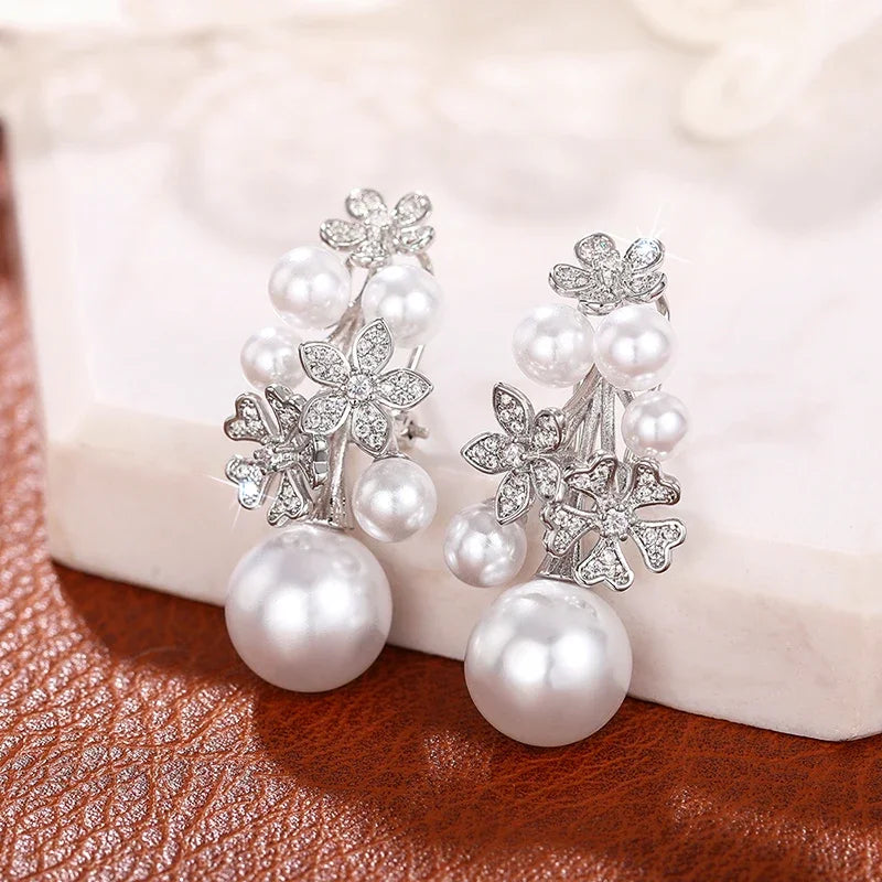 Flower Earrings with Elegant Imitation Pearl Engagement Wedding Aesthetic Earrings for Women Fashion Jewelry