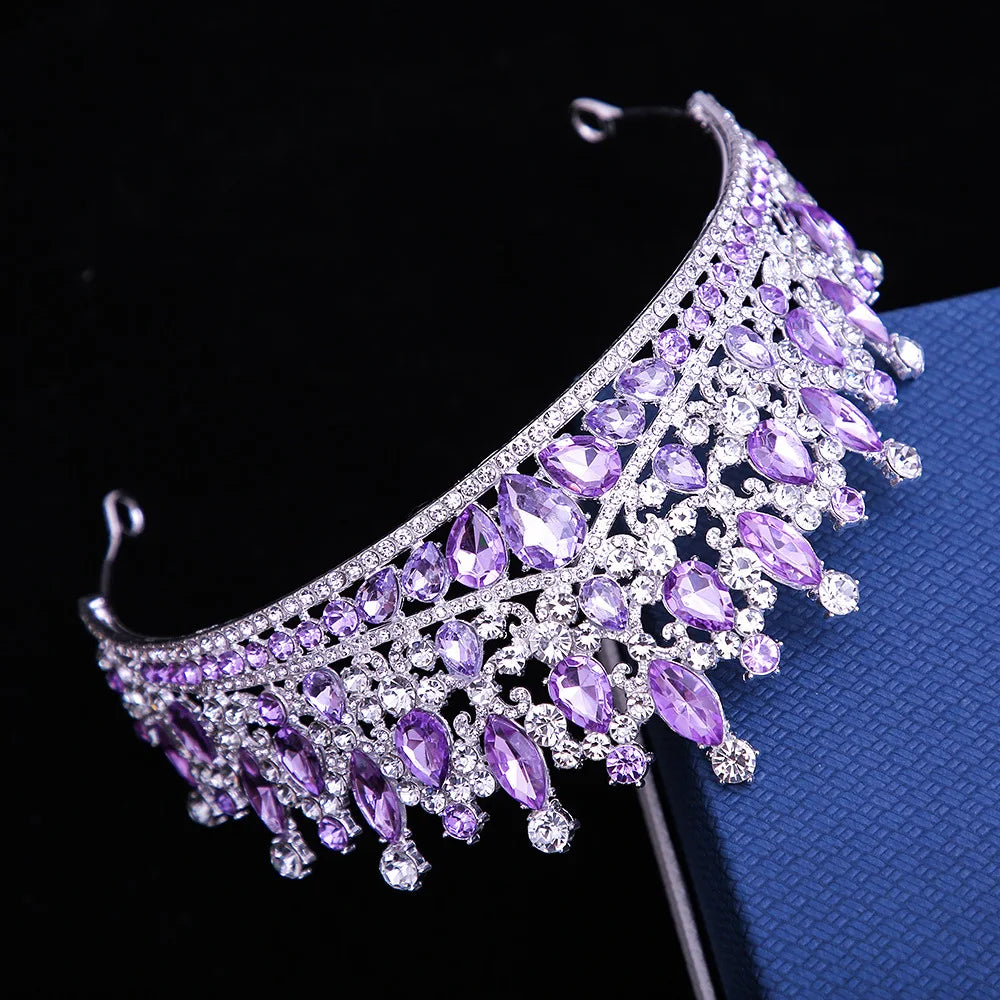 Luxury Pink Crystal Wedding Crown Royal Queen Tiaras Headband AB Color Rhinestone Bridal Headdress Bride Diadem Hair Accessories - EUFASHIONBAGS