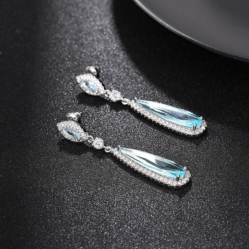 Aesthetic Light Blue Dangle Earrings for Women Fashion Contracted Design Temperament Lady Earrings Wedding Party Jewelry - EUFASHIONBAGS