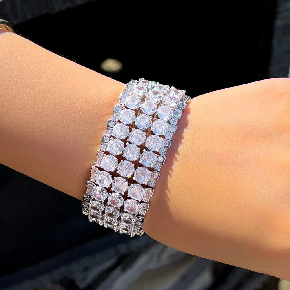 Super Shiny Multi Layer Round Cubic Zirconia Stone Statement Luxury Wide Big Women Wedding Party Bracelets - EUFASHIONBAGS