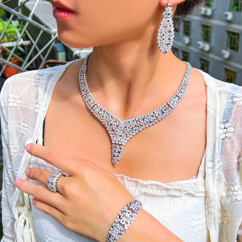 Luxury Chunky Multi Color Cubic Zirconia Pave Women Wedding Party Bridal Jewelry Sets Dubai 4pcs Accessories - EUFASHIONBAGS