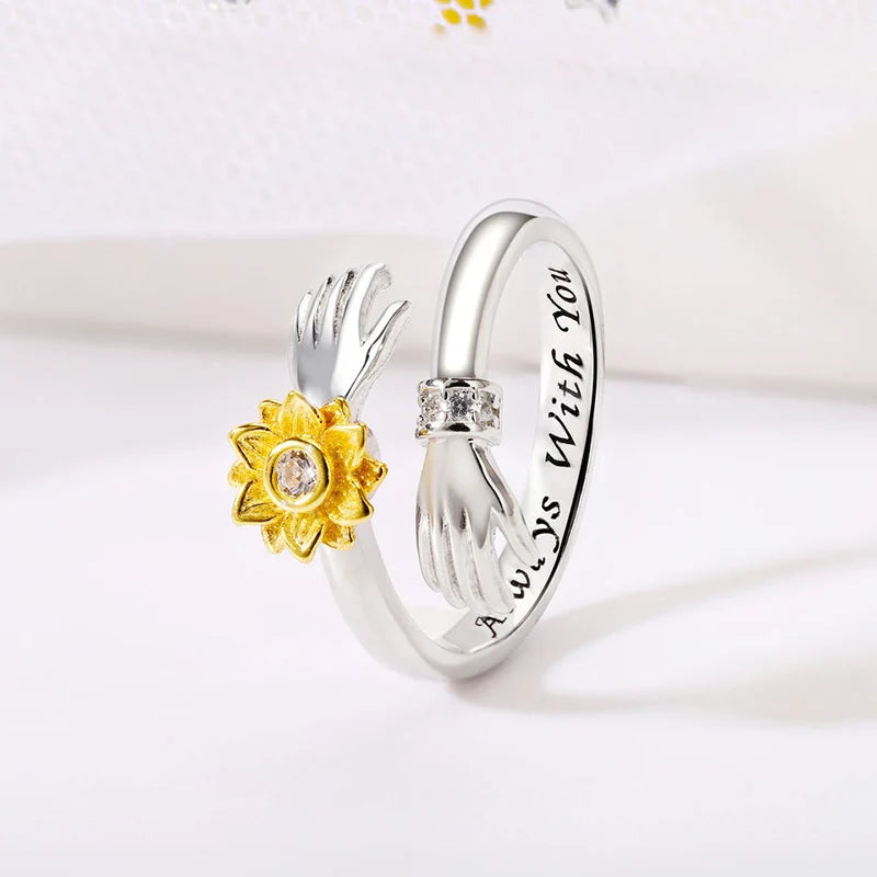 Yellow Sunflower Hand Hugging Design Women Rings "Always With You" Love Rings Two Tone Chic Opening Rings Trendy Jewelry - EUFASHIONBAGS