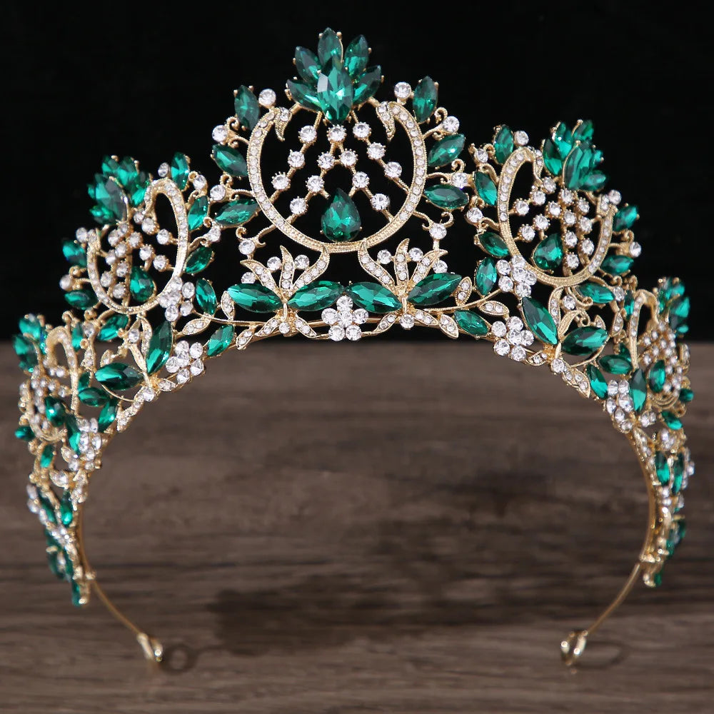 Luxury Green Color Crystal Wedding Crown Bridal Hair Accessories Women Baroque Crown Rhinestones Tiaras Bride Queen Party Crowns - EUFASHIONBAGS