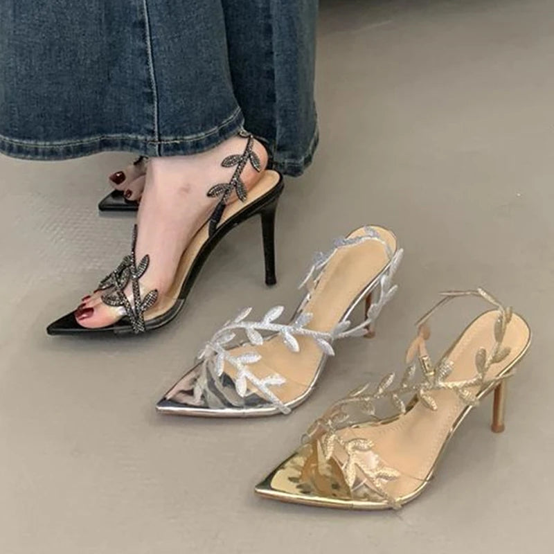 2025 Summer Fashion Crystal Rhinestone Gold Leaf Women Sandals Pointed Open toe Thin High Heels Party Dress Shoes