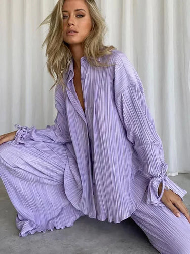 2024 Women Pleated 2 Piece Sets Long Sleeve Blouse Tops And Split Wide Leg Pant Suit Female Fashion Casual Loose Homewear Outfit