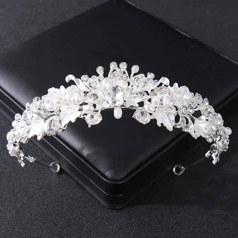 Luxury Silver Color Crystal Pearls Bridal Tiaras Crown Baroque Rhinestone Pageant Diadem Bride Headband Wedding Hair Accessories - EUFASHIONBAGS