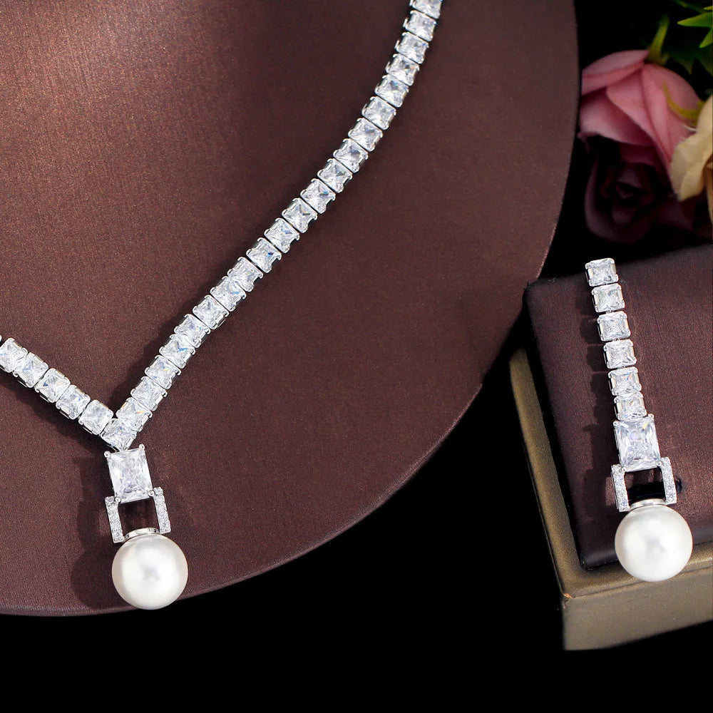 Shiny Cubic Zircon Bridal Wedding Pearl Necklace Earrings Evening Dinner Party Costume Jewelry Sets for Women