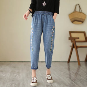 Spring Summer New Vintage Embroidery Fashion Floral Denim Pants Female Clothing Elastic High Waist