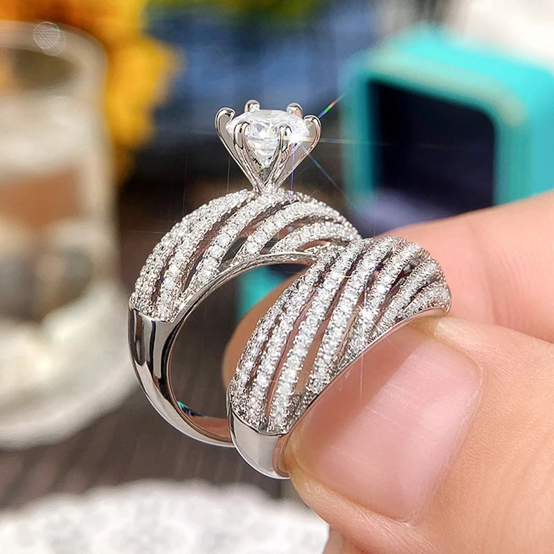 Bridal Sets Women Rings Brilliant Cubic Zirconia Luxury Jewelry Engagement Wedding Trend Eternity Rings 2Pcs Accessories - EUFASHIONBAGS