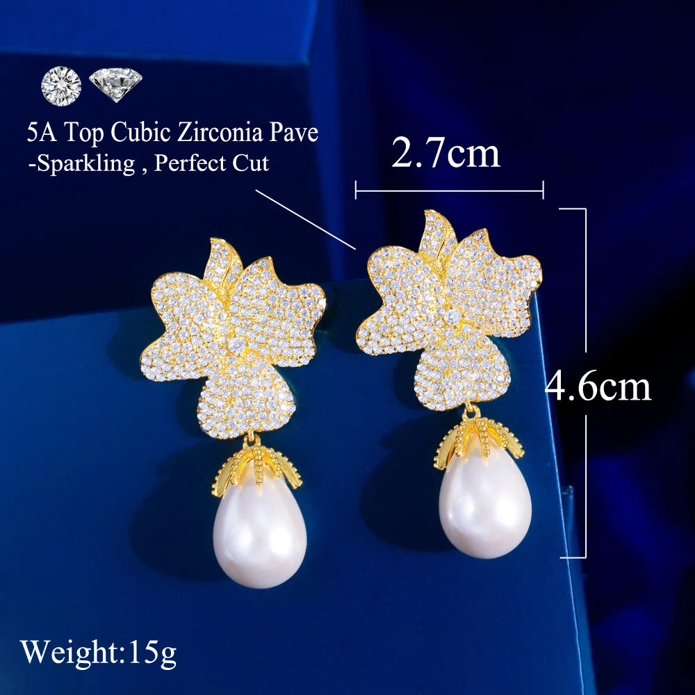 Fancy Cubic Zirconia White Gold Color Big Leaf Flower Shape Dangling Drop Long Pearl Earrings for Women Party