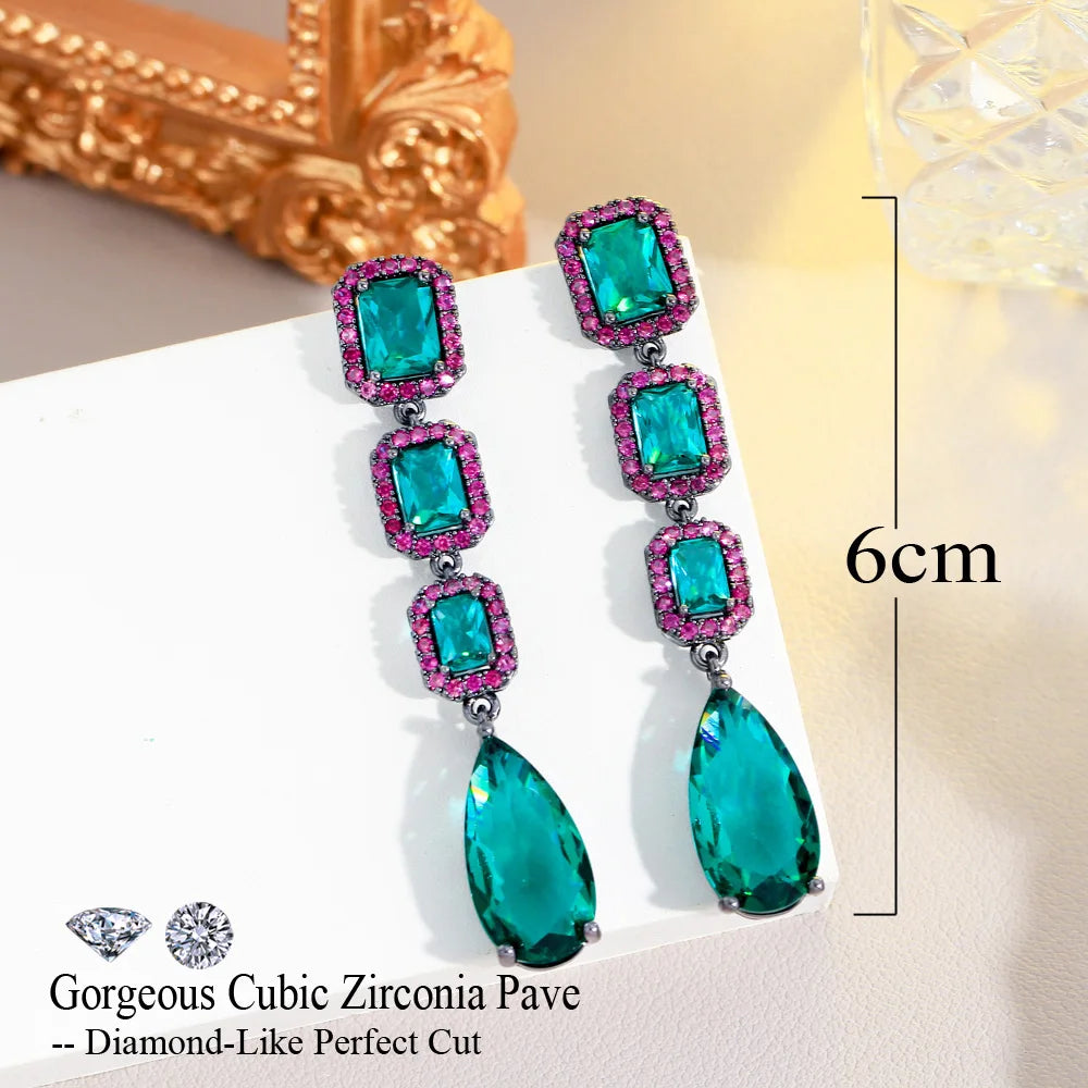 Water Drop Green Crystal and Rose Red Cubic Zircon Long Dangle Party Engagement Earrings for Women - EUFASHIONBAGS