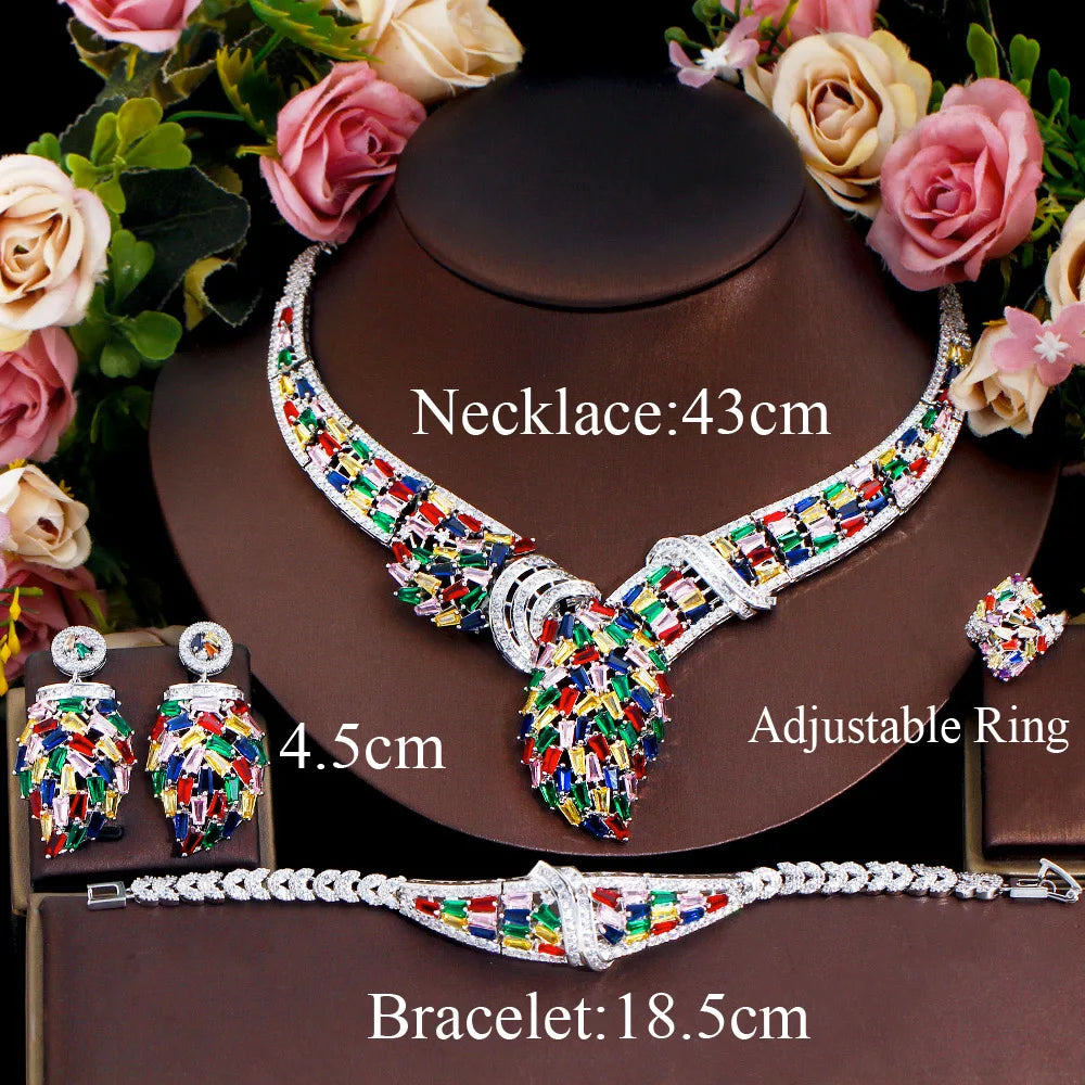 4pcs Nigerian Multicolor CZ Luxury Statement Big Chunky Bridal Necklace Jewelry Sets Wedding Costume Accessories - EUFASHIONBAGS