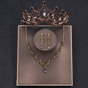 Baroque Retro Costume Bridal Jewelry Sets Rhinestone Crystal Gold Color Tiara Crown Earrings Necklace Wedding Luxury Jewelry Set