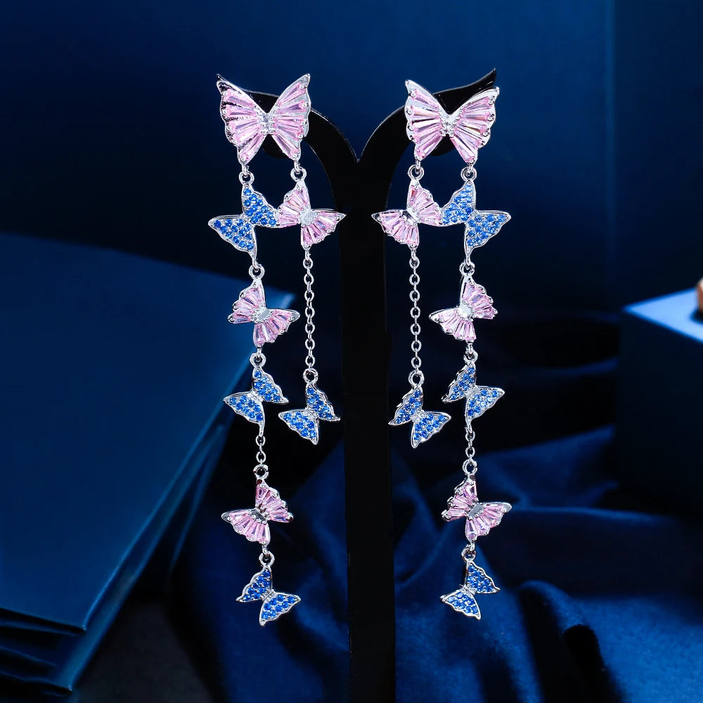 Luxury Pink Blue Cubic Zirconia Extra Long Tassel Drop Dangle Butterfly Earrings for Women Banquet Party Wear - EUFASHIONBAGS