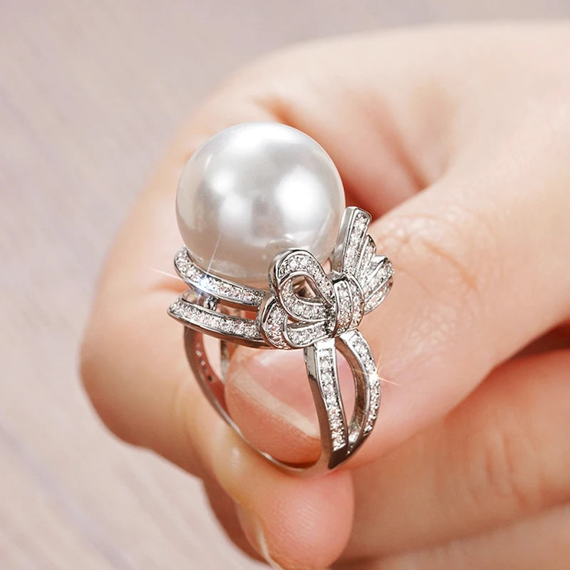 Bowknot Finger Ring Lady Graceful Simulated Pearl Accessories for Wedding Party Bright CZ Jewelry for Engagement