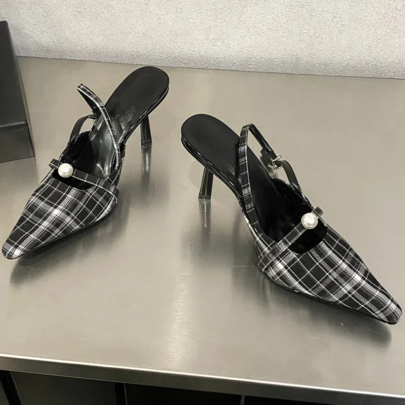 Pointed Toe Retro Plaid High Heels Women Slingbacks Shoes Women Pumps Sexy Office Fashion Dress Shoes Sandalias De Mujer