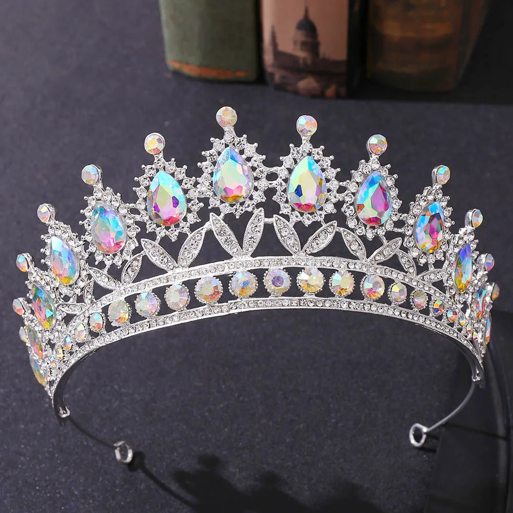 Luxury Silver Color AB Crystal Bridal Tiaras Baroque Crown Headband Bride Party Rhinestone Diadem Wedding Hair Jewelry Ornaments - EUFASHIONBAGS