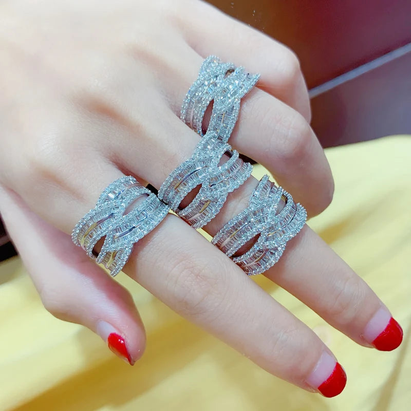 Bling Bling Women's Wide Rings Full Paved Brilliant CZ Stone Bride Wedding Party Accessory Twist Fashion Jewelry - EUFASHIONBAGS